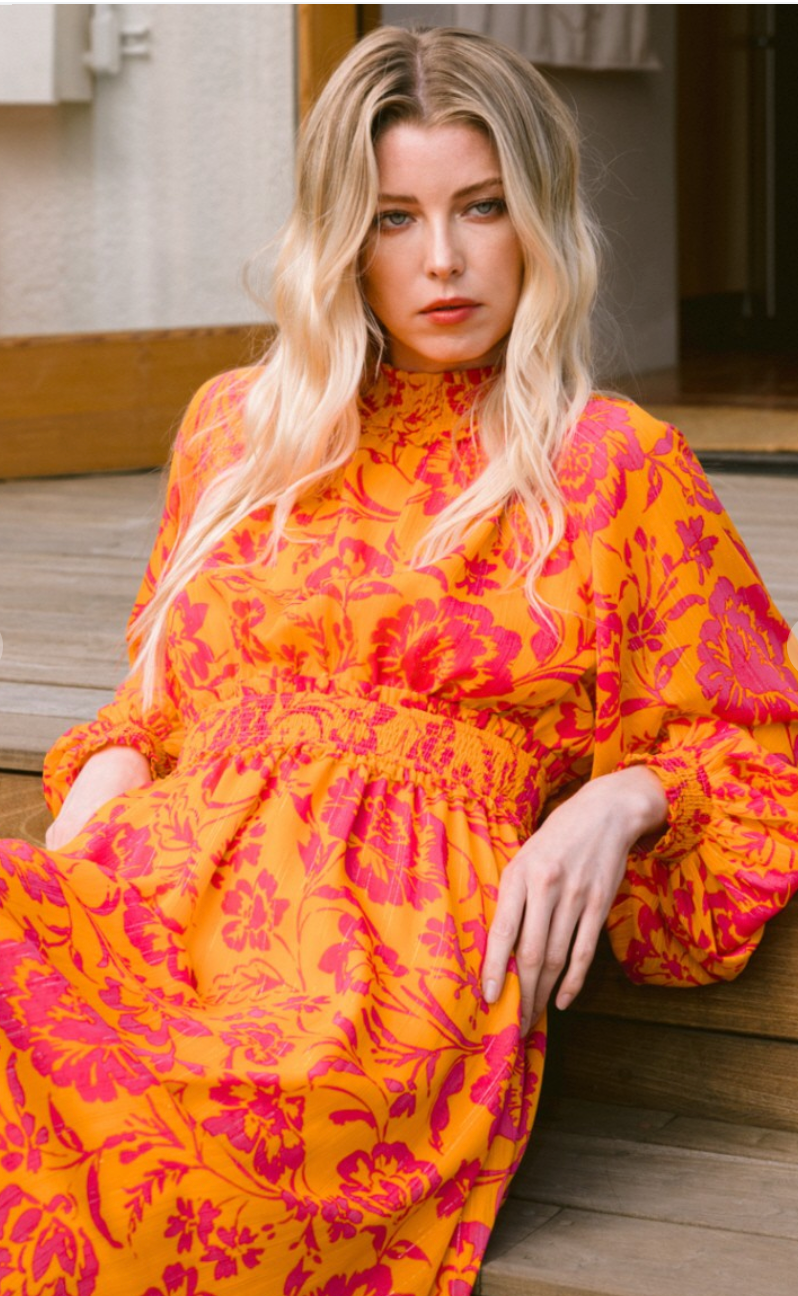 Floral Midi Dress-Fuchsia/Orange Floral Midi Dress-Fuchsia/Orange