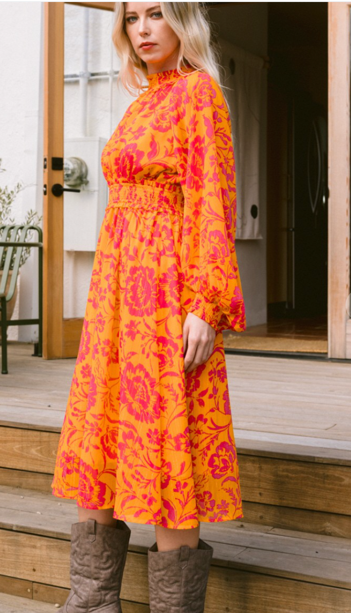 Floral Midi Dress-Fuchsia/Orange