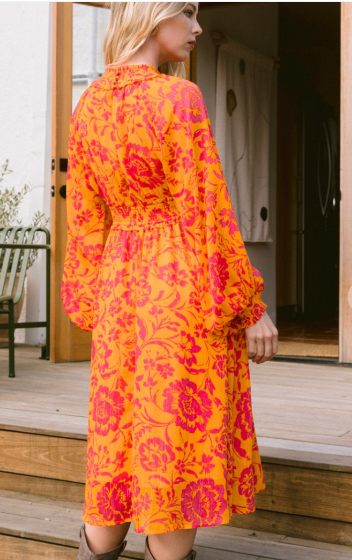 Floral Midi Dress-Fuchsia/Orange